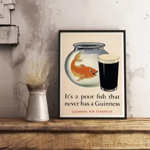 Guinness Inspired "Poor Fish" Vintage Poster, Retro Cafe Wall Art, Alcohol Advertising Print, Bar Decor