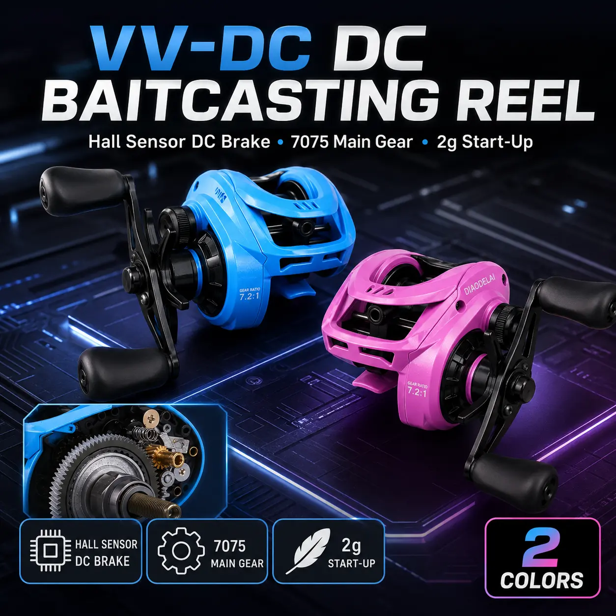 TRONMER VV-DC Baitcasting Reel - Hall Sensor DC Brake System, 7.2:1 Gear Ratio, 7075 Main Gear, 2g Light Lure Startup, Anti-Backlash, Freshwater Lure Fishing Reel (2 Colors)