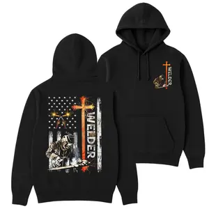 Christian Welder Hoodie, Cross & American Flag Welding Graphic Hoodie for Men, Workwear Pullover, Christmas Gift
