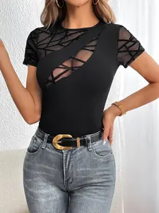 Trendy Gothcore Aesthetic Black Mesh Top, Women's Asymmetrical Cutout Short Sleeve Blouse Shirt, Geometric Sheer Panel Sculpting Body-hugging Tee, Edgy Dark Coquette Night Out Clubwear Outfit, Casual Streetwear, Viral TikTok Fashion Must-Have