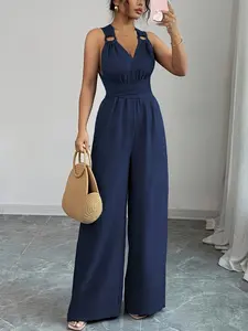 Women's V-Neck Backless Wide-Leg Jumpsuit, Fashionable Chic Sexy Cross-Waist Fitted Design, New Arrival for 2026, Perfect for Casual Wear