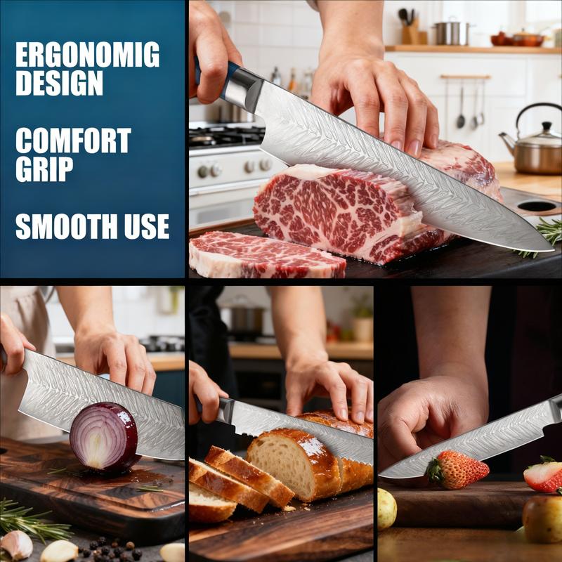 7-piece set - Blue Resin Damascus style Chef Knife Set - Professional grade knives, multifunctional knives, blue resin handle, high-end set, perfect for gift giving, one-stop solution for kitchen knife inconvenience, stunning appearance