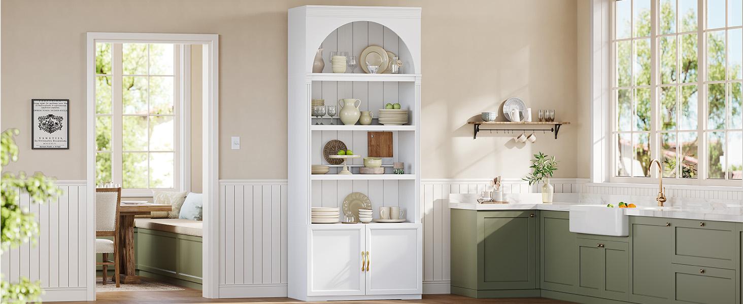 81.2" Tall Arched Cabinet, Bookcase with storage, Modern 6-Tier Bookshelf with Door, 2 Book Risers and Adjustable Shelves for Living Room,Kitchen,Home Office, Space Saving (White)