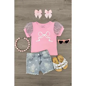 Pink Bow Denim Short Set
