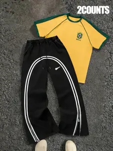 Brazil Flag Print T-Shirt Set, Colorblock Short Sleeve, American Street Style Fashion Side Big Arc Zip Wide Leg Pants Two Piece Fit