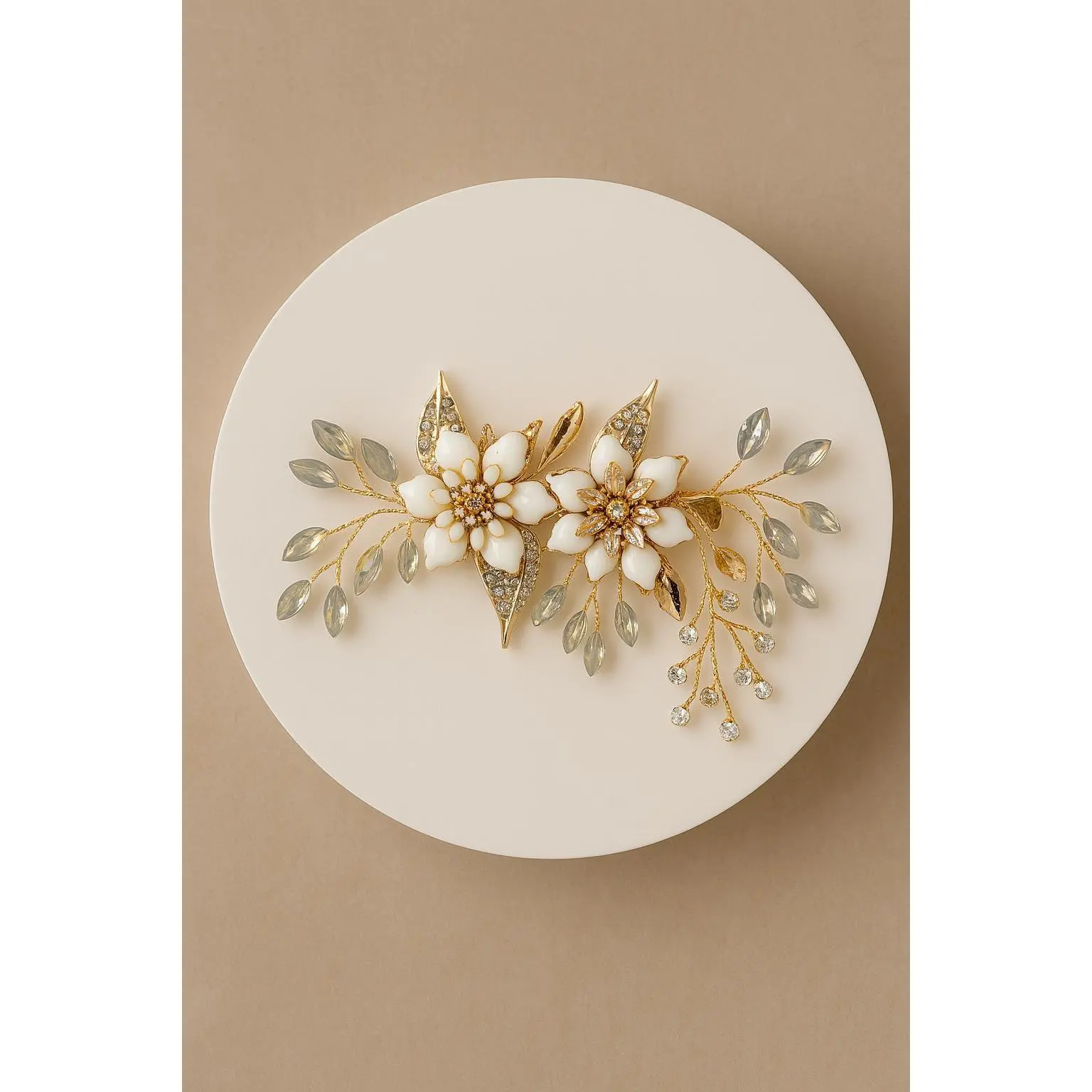 Romantic Gold Bridal Hair Comb with Ivory Flowers, Crystal Leaves & Pearl Accents — Wedding Hair Accessory for Brides