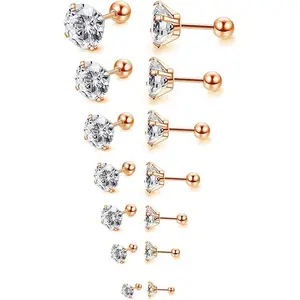 7 Pairs 20g Cubic Zirconia Stud Earrings for Women Men Cartilage Stainless Steel Helix Tragus Barbell Round CZ Pack Multi-   Gifts 2mm-8mm