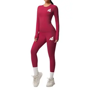 Women's 2-Piece Slim-Fit Activewear Set - High-Waist Scrunch Leggings, Long-Sleeve Yoga Top - Gym & Fitness Outfit (Red, Large)