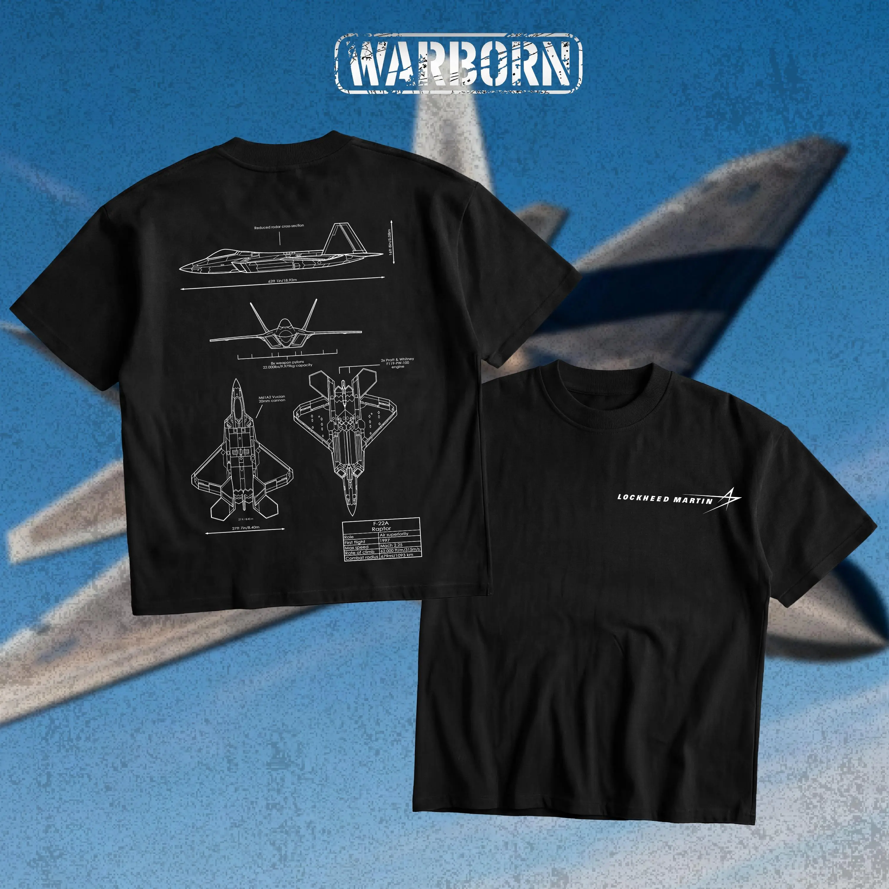 WARBORN F22 Raptor Blueprint T-Shirt/Hoodie Vintage Lockheed Martin Graphic Tee Military Enthusiast Streetwear Clothing Gift for Men Breathable Printing