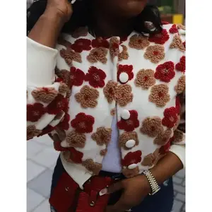 Women's Floral Jacquard  Button Front  Coat, Casual Long Sleeve Round Neck Outerwear for Daily Wear, Ladies Clothes for All Seasons??gift?? Fitted Jackets