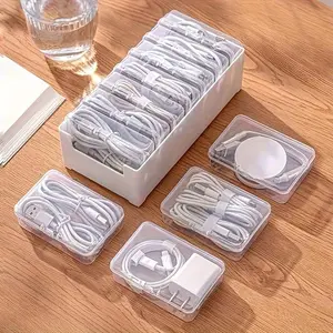 Desktop Charging Cable Management Box, Cord Organizer, 1 Set Including 7 Small Clear Boxes & 1 Large White Box, Desk Organizer for Home & Office