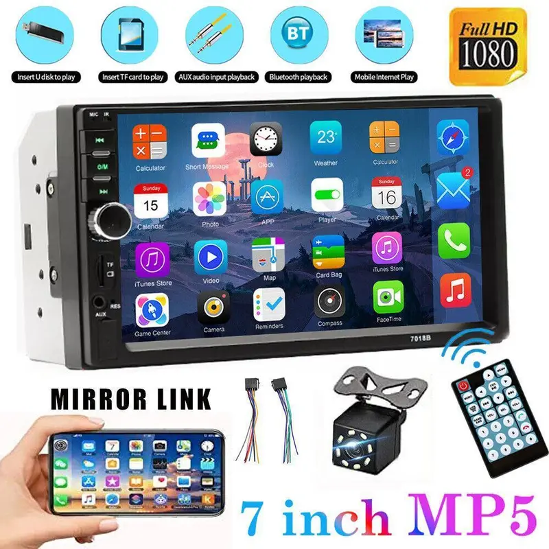 【Black Friday】7 inch Double Din 12V Car Audio Video Player with 12LED Backup Reverse Cam, 1080p Video Play, Touch Screen, FM Radio, USB, AUX, MP5/MP4/MP3, Hands-Free Call, Steering Remote EQ, TF Card Input, Android Compatibility, APE Support