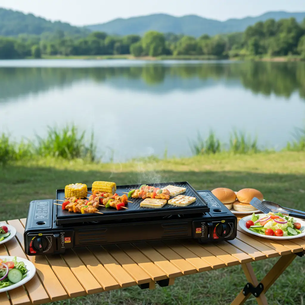 Portable 2 Burner Camping Stove, 2500W Butane Propane Gas Grill with Baking Pan, Outdoor Tabletop Cooktop for Picnic RV Patio, Black
