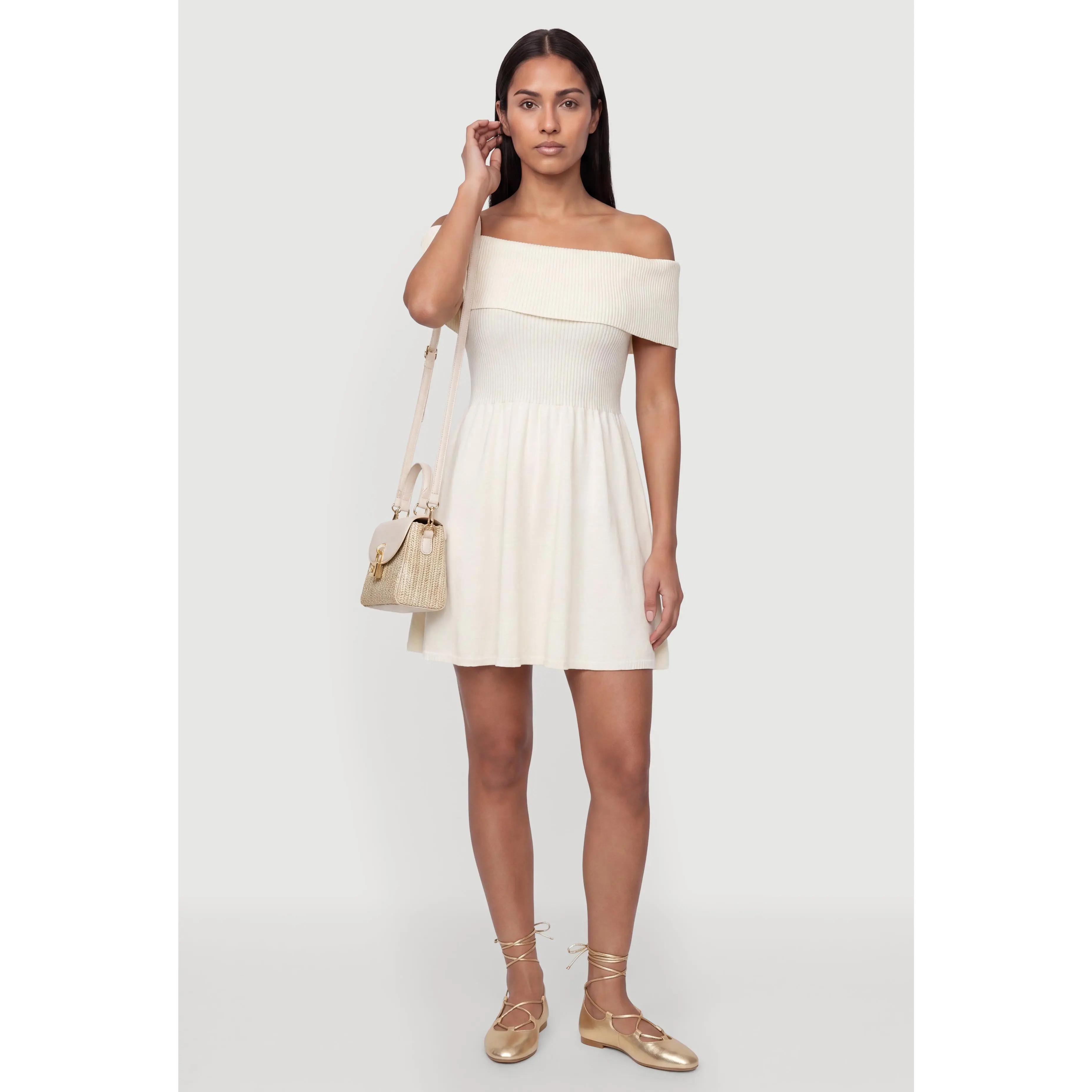 Fold Over Off The Shoulder Skater Dress