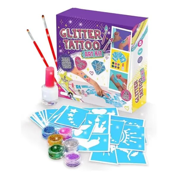 Glitter Tattoo Kit for Kids 33-Piece Temporary Glitter Tattoos Set with 24 Stencils 6 Body Glitter Colors 2 Brushes & Skin-Safe Adhesive Waterproof Body Art for Girls Boys Birthday Party Favors Sleepover Supplies Ages 3+