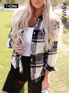 Women's Plaid Print Button Front Shirt, Casual Classy Fashion Long Sleeve Collared Top for Fall & Winter, Women's Clothes for Daily Wear