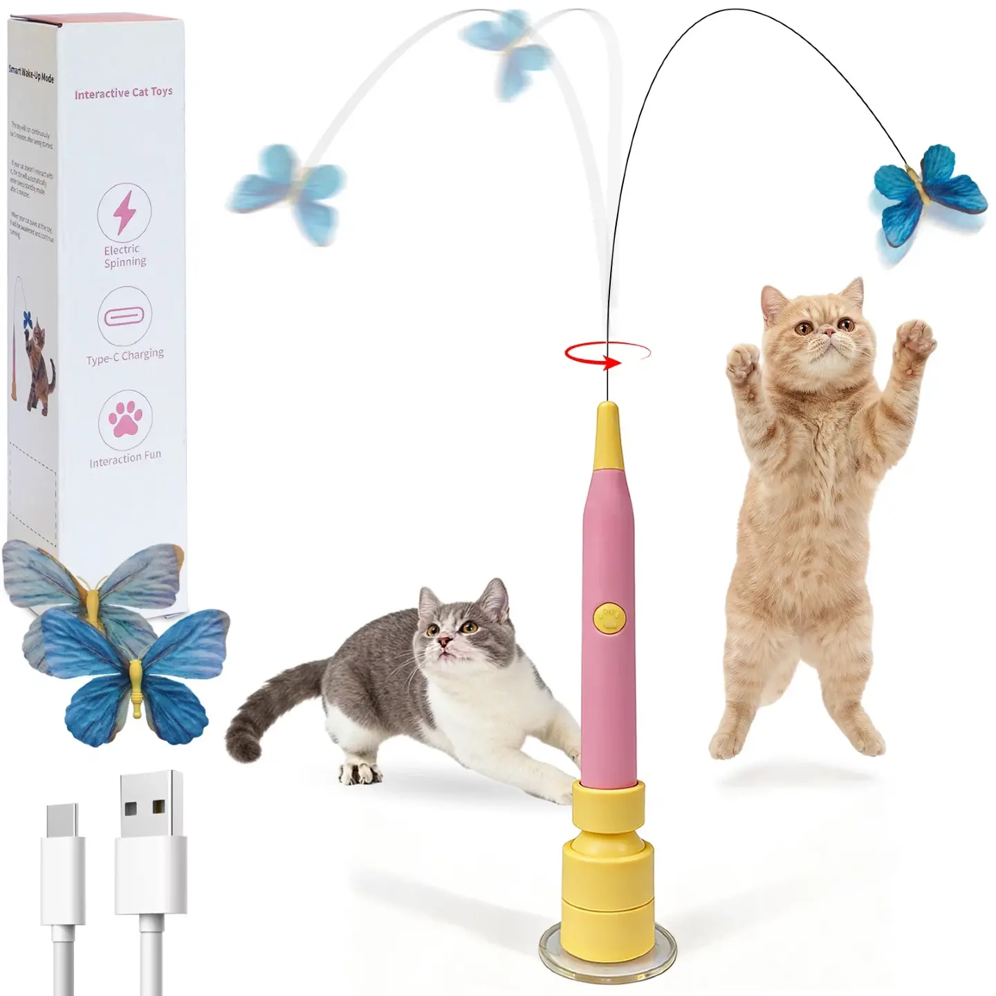 Interactive Cat Toys for Bored Cats, Automatic Flying Butterfly Cat Wand with Strong Suction Cup, Touch-Activated Rechargeable Indoor Kitten Toy for Self Play