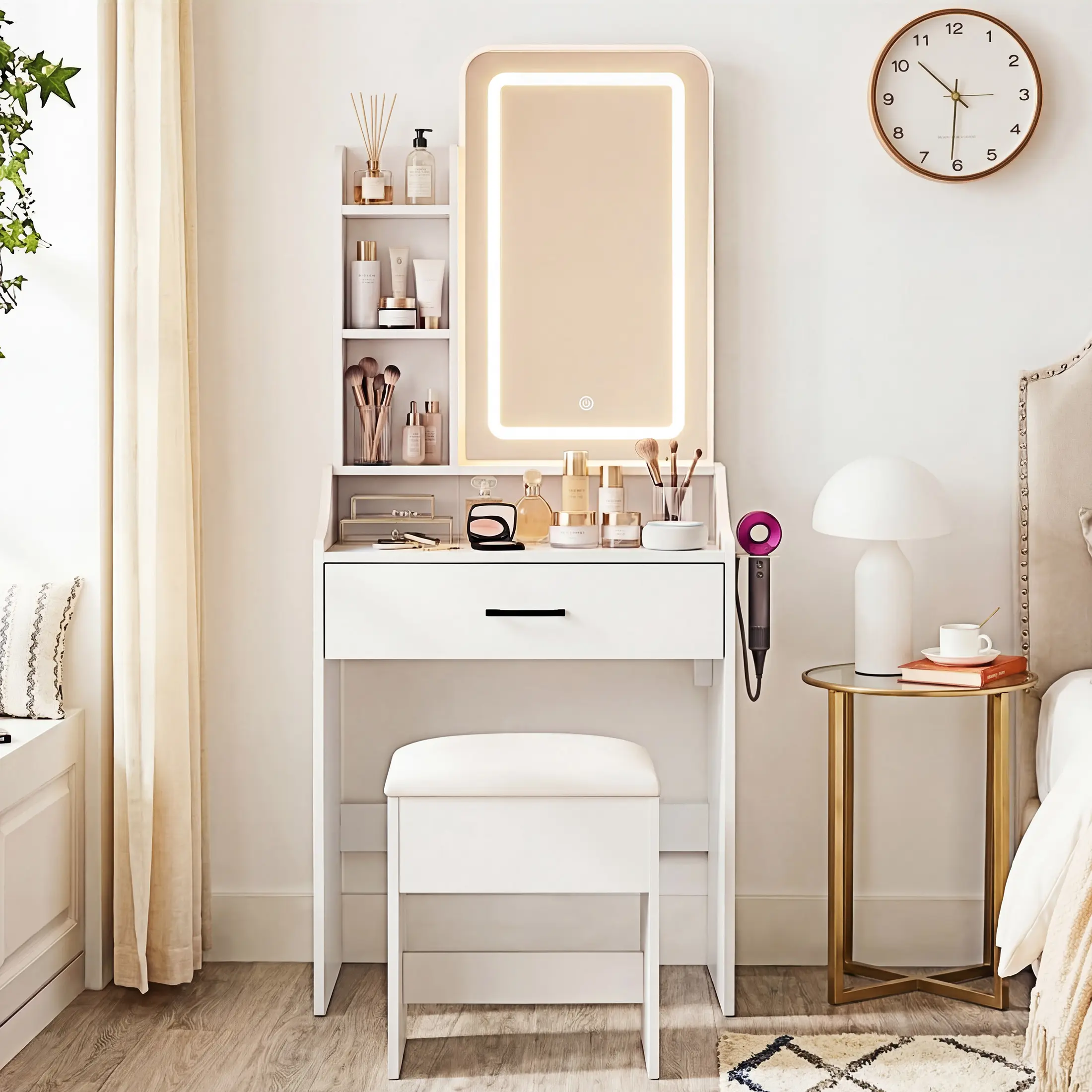 Small Vanity Desk with Dimmable Lighted Mirror, Storage Drawers, Shelves & Stool – Mirrored Dressing Table Set for Bedroom, Simple Dressing Table for Indoor Use, Mirrored Dressing Tables