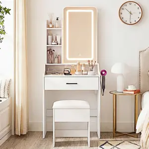 Small Makeup Vanity Desk with Dimmable Lighted Mirror, Vanity Table Set, Storage Drawers, Shelves & Stool for Bedroom