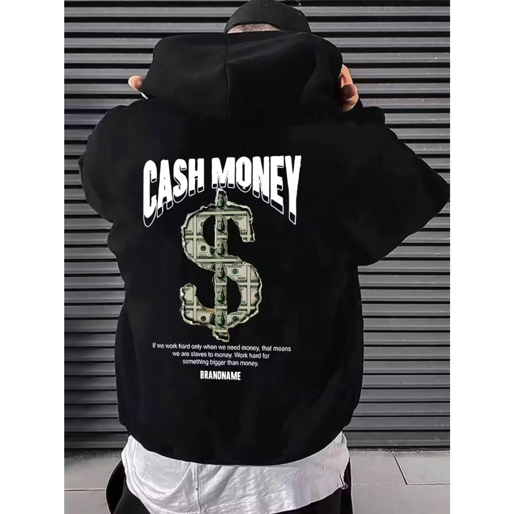 Men's Black Streetwear Hooded Sweatshirt with Cash Money Graphic & Camo Dollar Bill Design - Urban Street Style Pullover, Regular Fit Long Sleeve Casual Hoodie for Hip-Hop Fashion, Machine Washable