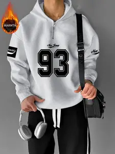 Unisex Oversized Half-Zip Hoodie, Vintage College Style '93 Print Pullover, Thick Fleece Warm Sweatshirt, Street Casual Drop Shoulder Top