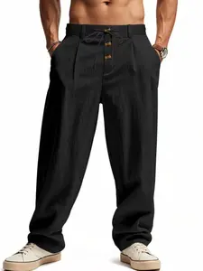 Men's Loose Fit Lightweight Linen Pants, Breathable Beach Shorts with Adjustable Drawstring Waist, Casual Comfy Drawstring Straight Leg Long Pants Trouser