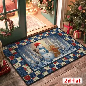 Christmas Snowman Gingerbread Floor Mat, Festive Holiday Welcome Rug, Non-Slip Backing, Easy to Clean, Blue Area Rug