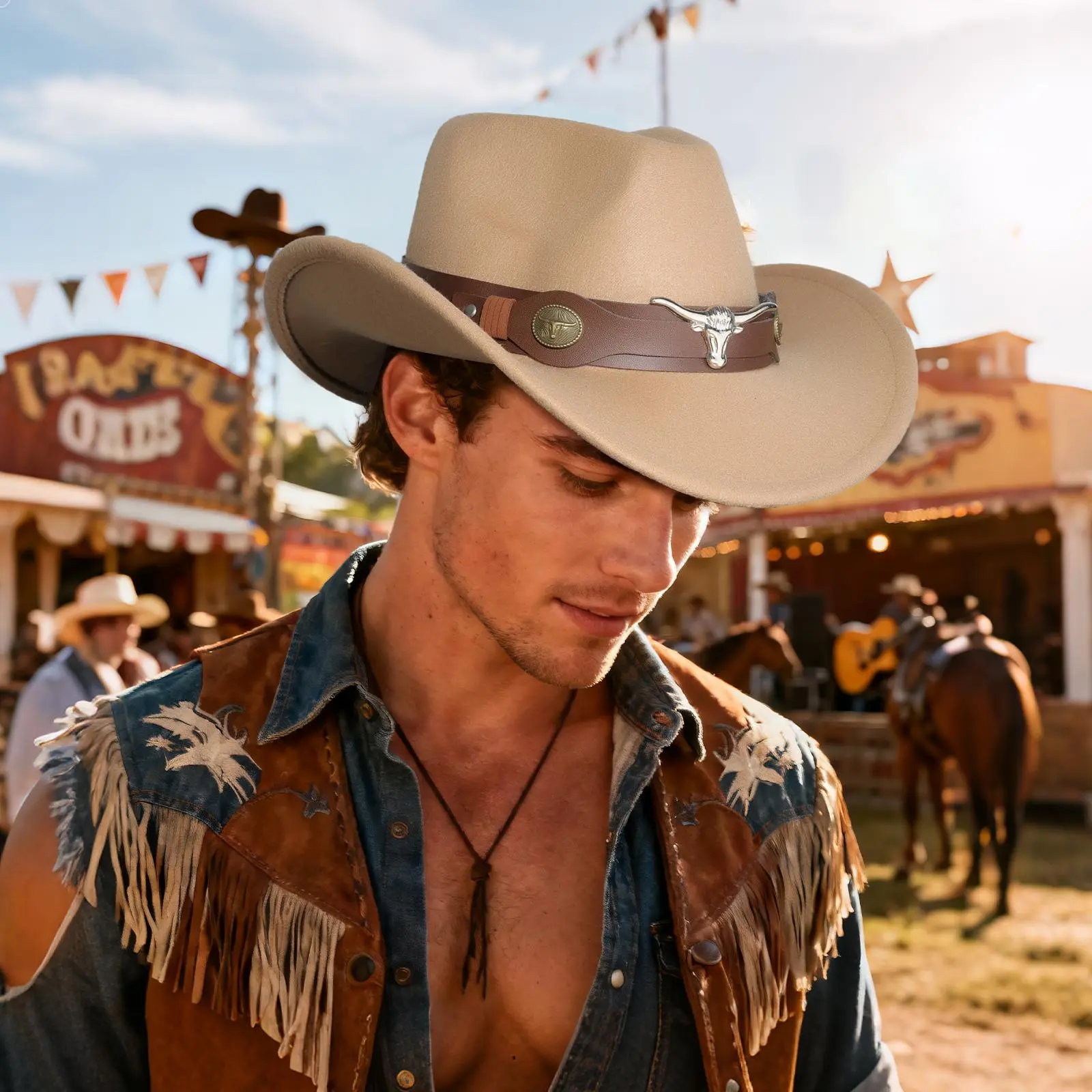 OIDEA Western Felt Cowboy Hat for Men & Women, Classic Style with Bull Buckle Band, Wide Brim for Rodeo Outfits & Parties, Classic Cowboy Hat, Mens Hats