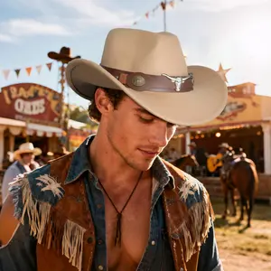 OIDEA Cowboy Hats for Men Women Felt, Western Wide Brim Hat with Bull Buckle Band for Outdoor Party summerwins,summerwins