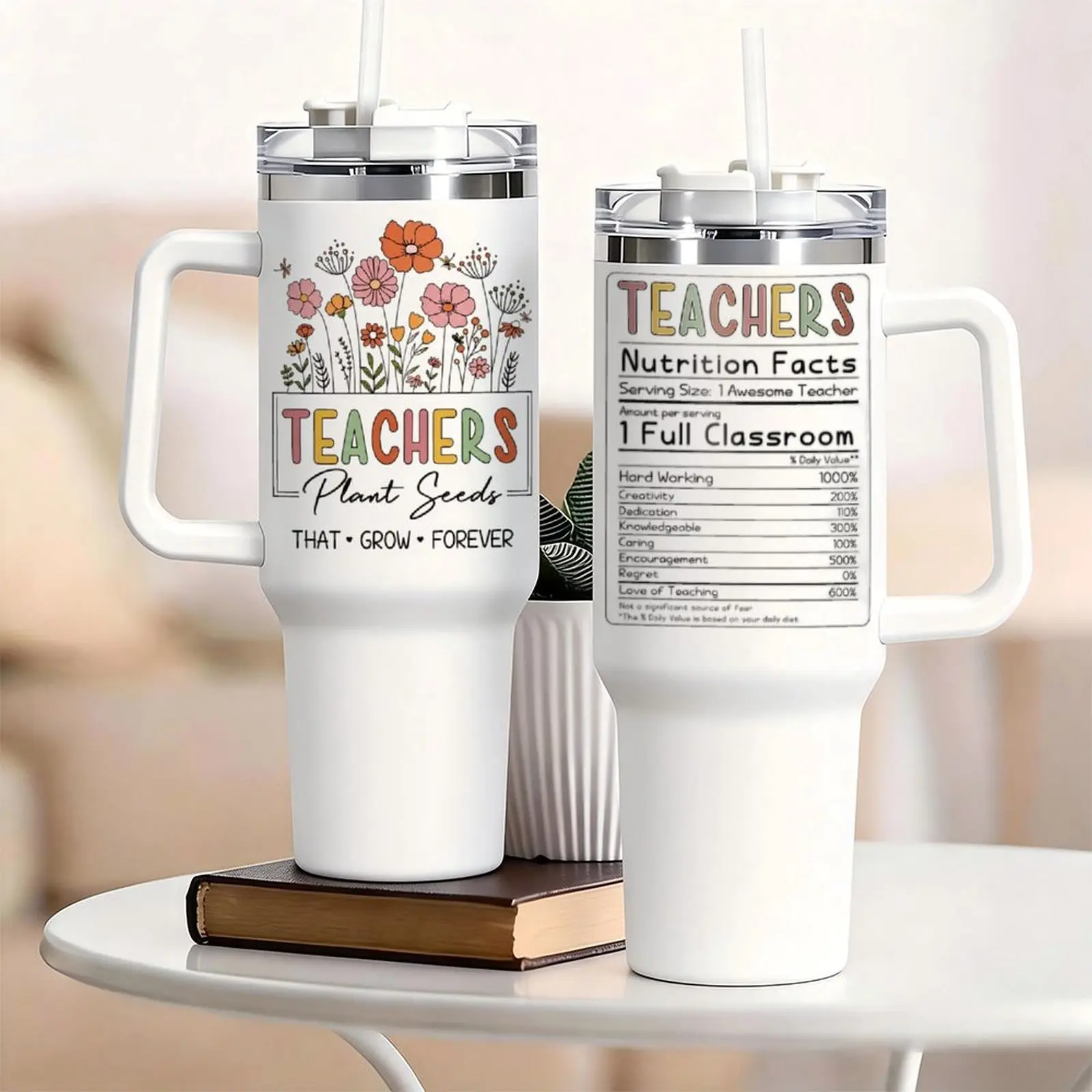 40oz Double Wall Insulated Stainless Steel Butterfly Flask - Novelty Leak-Proof Vacuum Tumbler with Flower Print, Handle, Lid, Straw, Preservation Function, Portable Stylish Travel Coffee Mug, Thanksgiving Gifts for Teachers