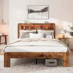 ARCH King Bed Frame with Headboard, King Size Bed Frame with USB Charging Station, Dark Brown Wood Platform Bed Large Underbed Storage, King Bed Frames Noise Free Slats