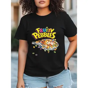 Women's 180g Black Cotton Round Neck Short Sleeve Graphic Tee - Fruity Pebbles Cereal Print Casual T-Shirt - Trendy Printed Top Perfect for Summer Outfits, Stylish Graphic Tee for Women Who Love Unique Breakfast-Inspired Designs