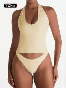 Women's Plain U-Neck Halter Neck Sleeveless Vest Top, Slim-Fitting Backless Short Shirt, Casual Fitted H-Type Blouse for Everyday Wear, Womenswear