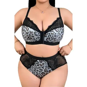 Women's Plus Size 2 Piece Lingerie Set Leopard Print Sexy V Neck Mesh Sheer Push Up Strappy Underwear Sets