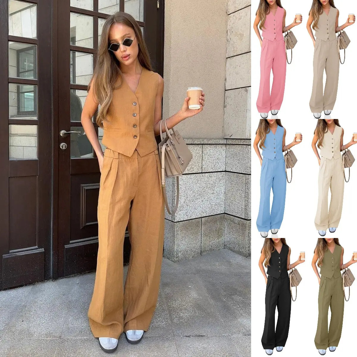 Goranbon Women's 2 Piece Outfits V Neck Crop Vest Blazer and Wide Leg Suit Pants Sets