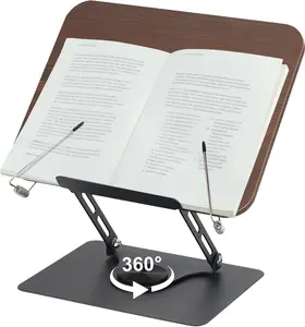 Book Stand for Reading, Foldable Textbook Reading Stand with 360° Swivel Base and Elastic Page Clips, Adjustable Desk