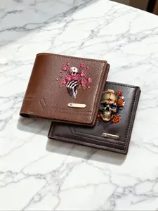 Personalized Card Holder, Men's PU Wallet, Skull Print Money Bag, Multi-Card Slots, Colorblock Small Wallet, ID Window, Zipper Coin Purse