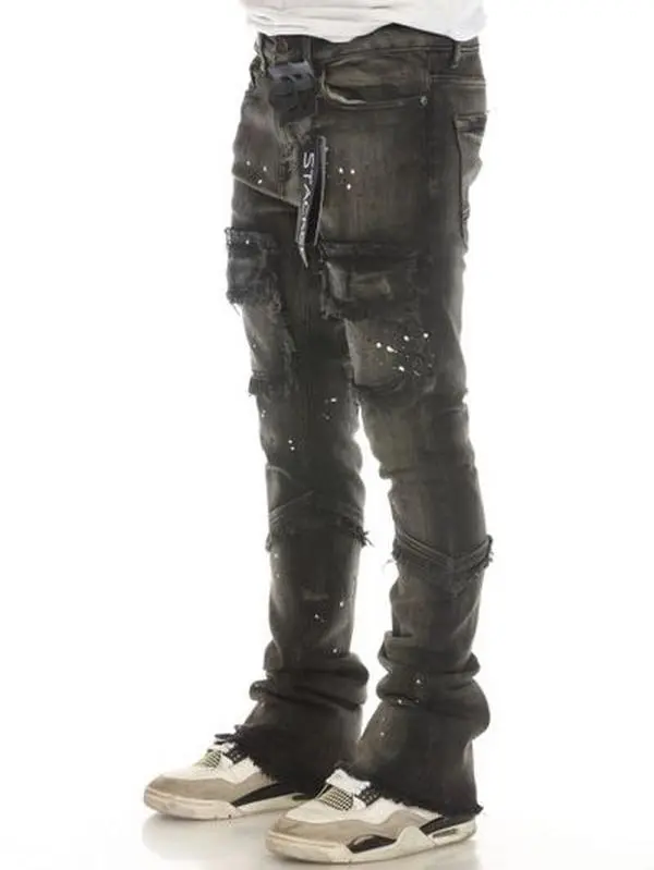 Olive Paint Splatter Stacked Flare Jeans Handmade Artistry Unique One-of-a-Kind Design Modern Trendy Look Ideal for Casual Outings