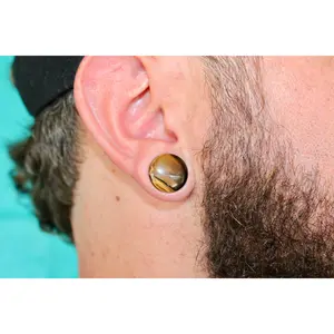 Tiger Eye Single Flare Genuine Stone Gauges, 3mm-18mm Organic Brown Polished Crystal Grounding Earrings, Genuine Stone Earrings