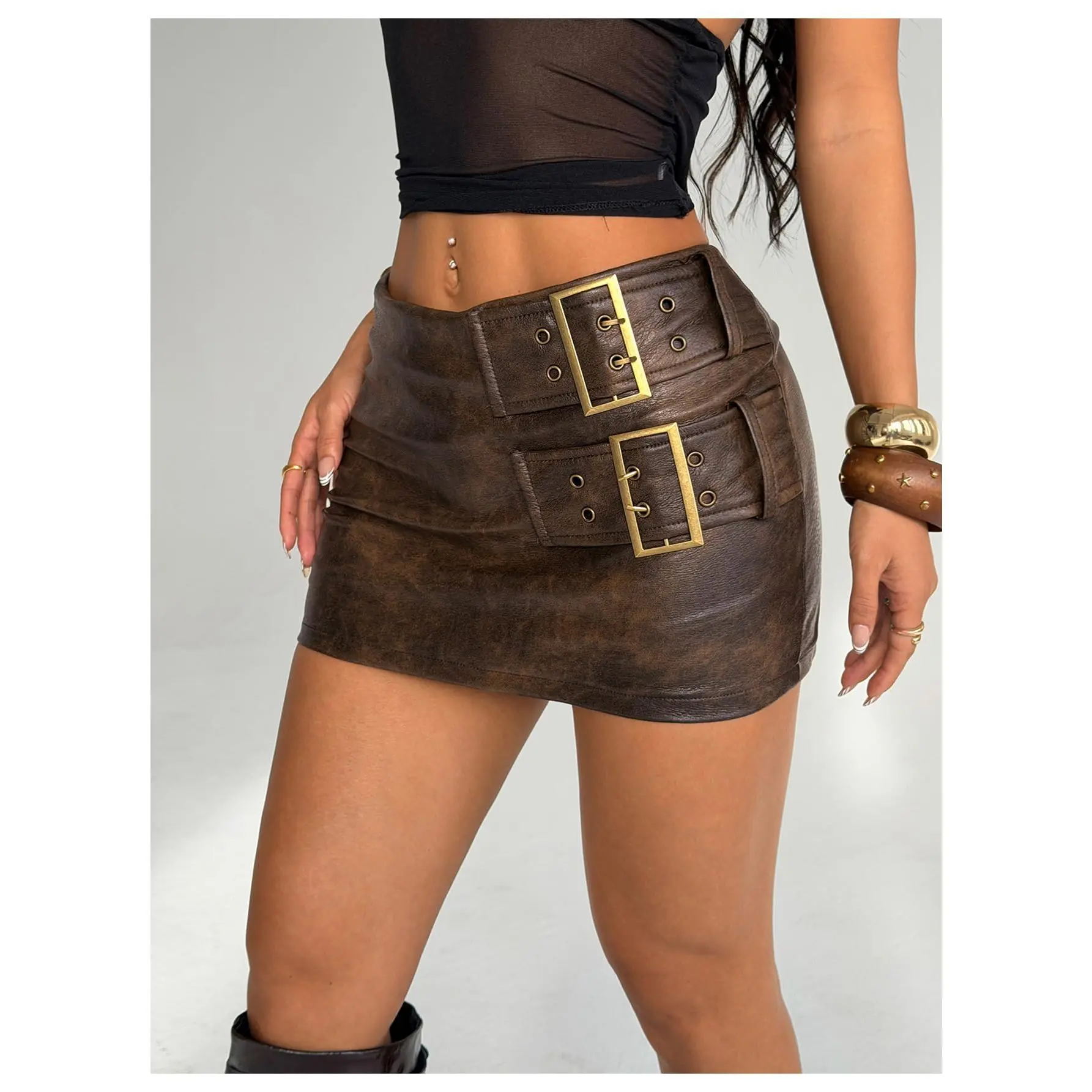 PU Leather Mini Skirt Buckle Bodycon Summer Party Skirts Skort Clubwear Concert Outfits