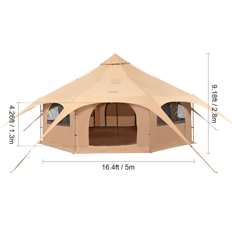 VEVOR Canvas Tent, 4 Seasons 5 m/16.4 ft Bell Tent, Canvas Tent for Camping with Stove Jack, Breathable Yurt Tent for up to 8 People, Family Camping Outdoor Hunting Party