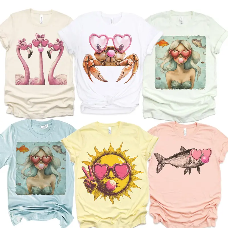 Bubblegum Summer Tees Women's Flamingo Heart Sunglasses Crab Graphic Tshirt for Beach Vacation Casual Wear Crewneck Short Sleeve Tops Fun Design for Beach Days