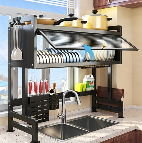 Expandable Rectangle Rustproof Fast-Drain Dish Drying Rack - Space-Saving Compact Kitchen Organizer, Divided Plate Draining Board, Adjustable Multi-Tier Boards, Over-Sink Mount, Dish & Bowl Divider