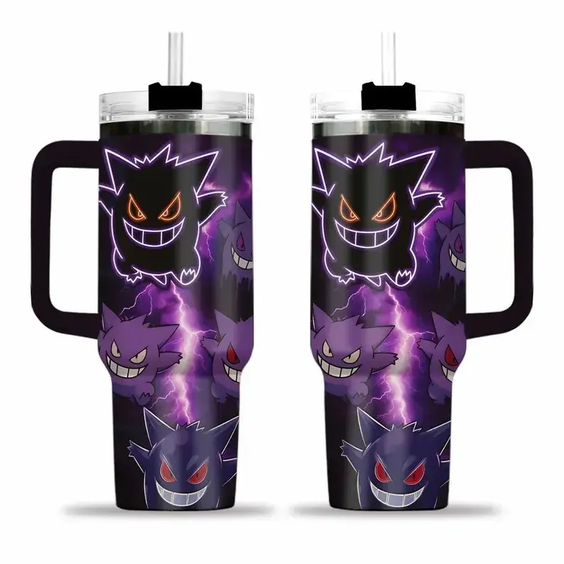 Stainless Steel Tumbler PKM Gengar Evolution Cartoon 40oz Tumbler with Handle, Vacuum Insulated Travel Mug, Double Wall Coffee Cup, Hot & Cold Drink Cup