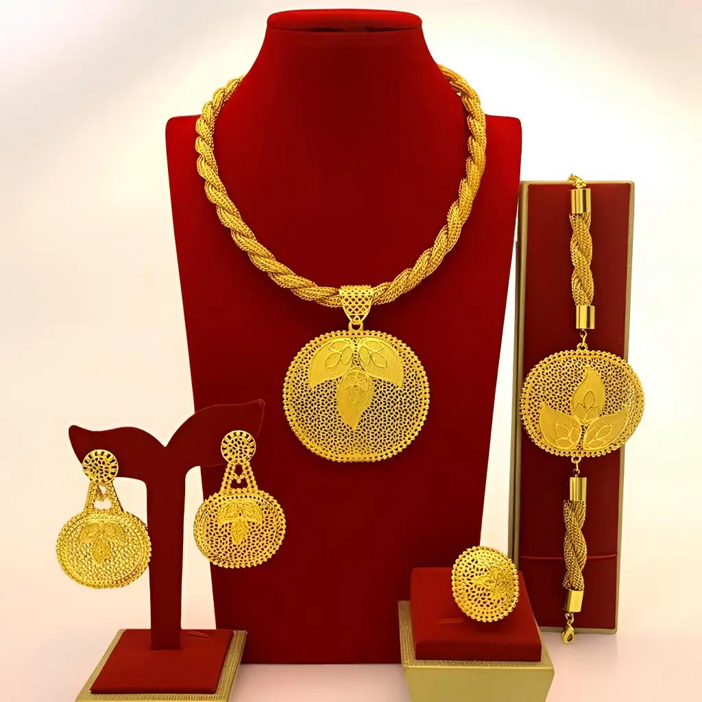 Women's Trendy Gold-Plated 4-Piece Dubai-Style Costume Jewelry Set - Luxury Elegant Bride Accessories for Wedding Parties, Includes Necklace, Earrings, Ring, Bracelet (Gold Earrings Set), Trendy Jewelry Set