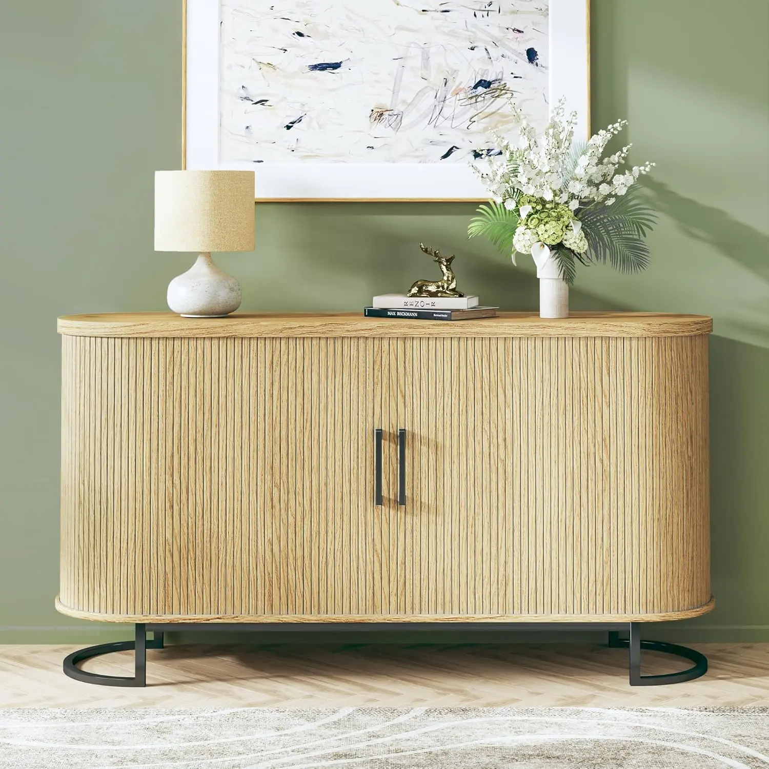 Sideboard Buffet Cabinet with Storage, 54.3" Large Buffet Cabinet with Tambour, Sideboard Buffet with Adjustable Shelves, Multifunctional Console Fluted Cabinet for Living Dining Room Kitchen