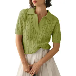 【Summervibes】Saodimallsu Women's Cable Short Sleeve Sweaters Tops Solid Lapel V Neck Knit Casual Soft Pullover Shirt Womenswear Knitwear Basic Collared