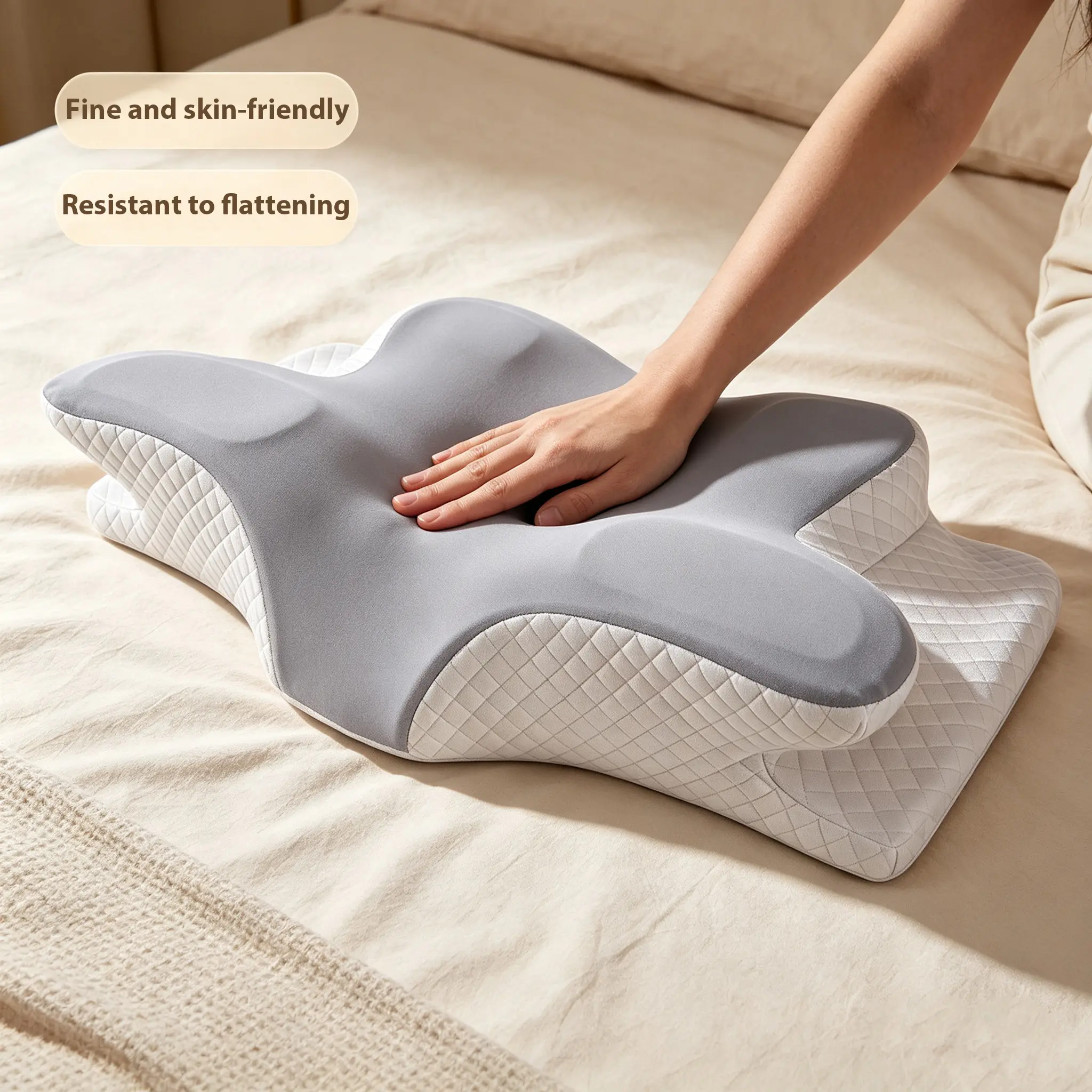 Double-sided contoured neck pillow supportive memory foam with cooling cover zoned design and extra-large armrest for side stomach and back sleepers