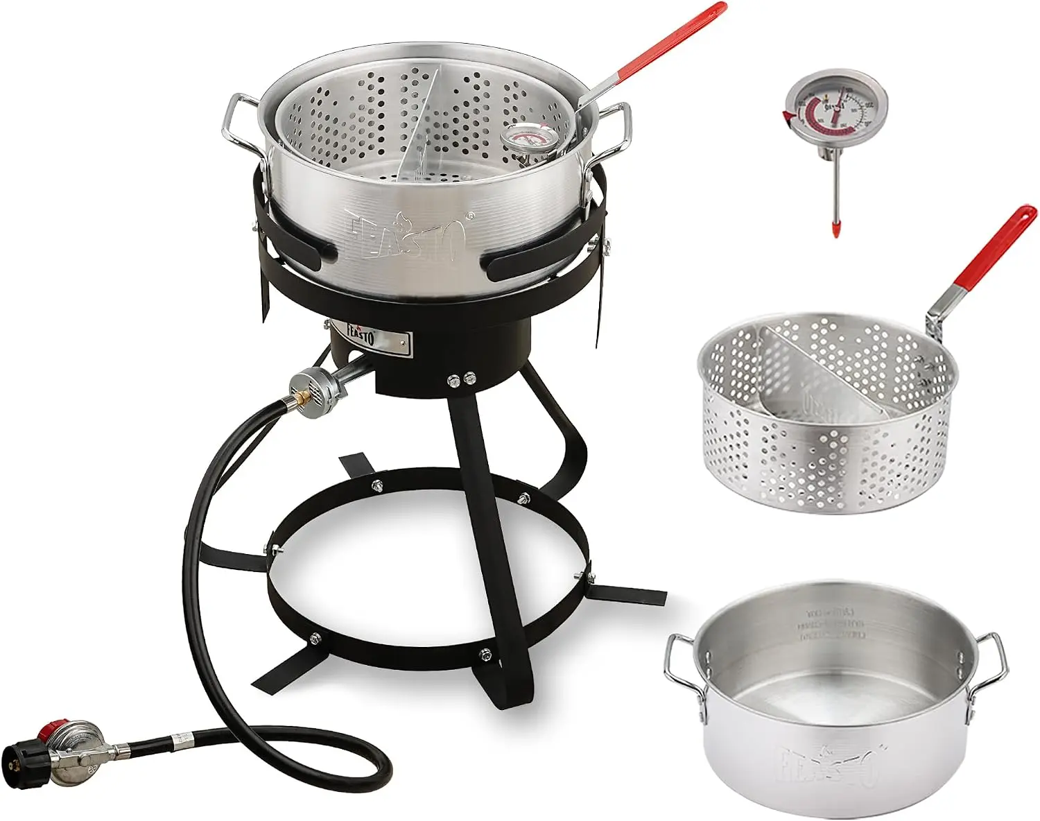 Feasto 10 Qt Aluminum Outdoor Propane Gas Fish Fryer Pot Kit with Strainer Basket, 50,000 BTU Burner, 0-5 PSI Adjustable Regulator for Boiling, Frying