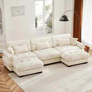 U Shape Modular Sectional Sofa Couch with 2 Movable Ottomans, Modern 3 Seat Corner Sofa With Waist Pillows, Throw Pillows and Blostered Armrests, Convertible L Shaped Couch for Living Room, Cream Comfy